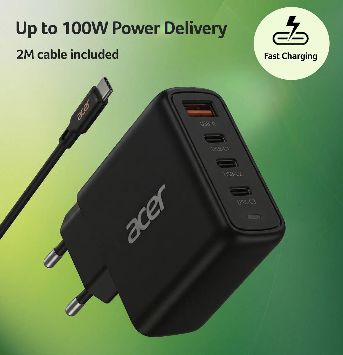 Acer 100W GaN PD Charger, USB Ports: 3C+1A, EU Plug 6