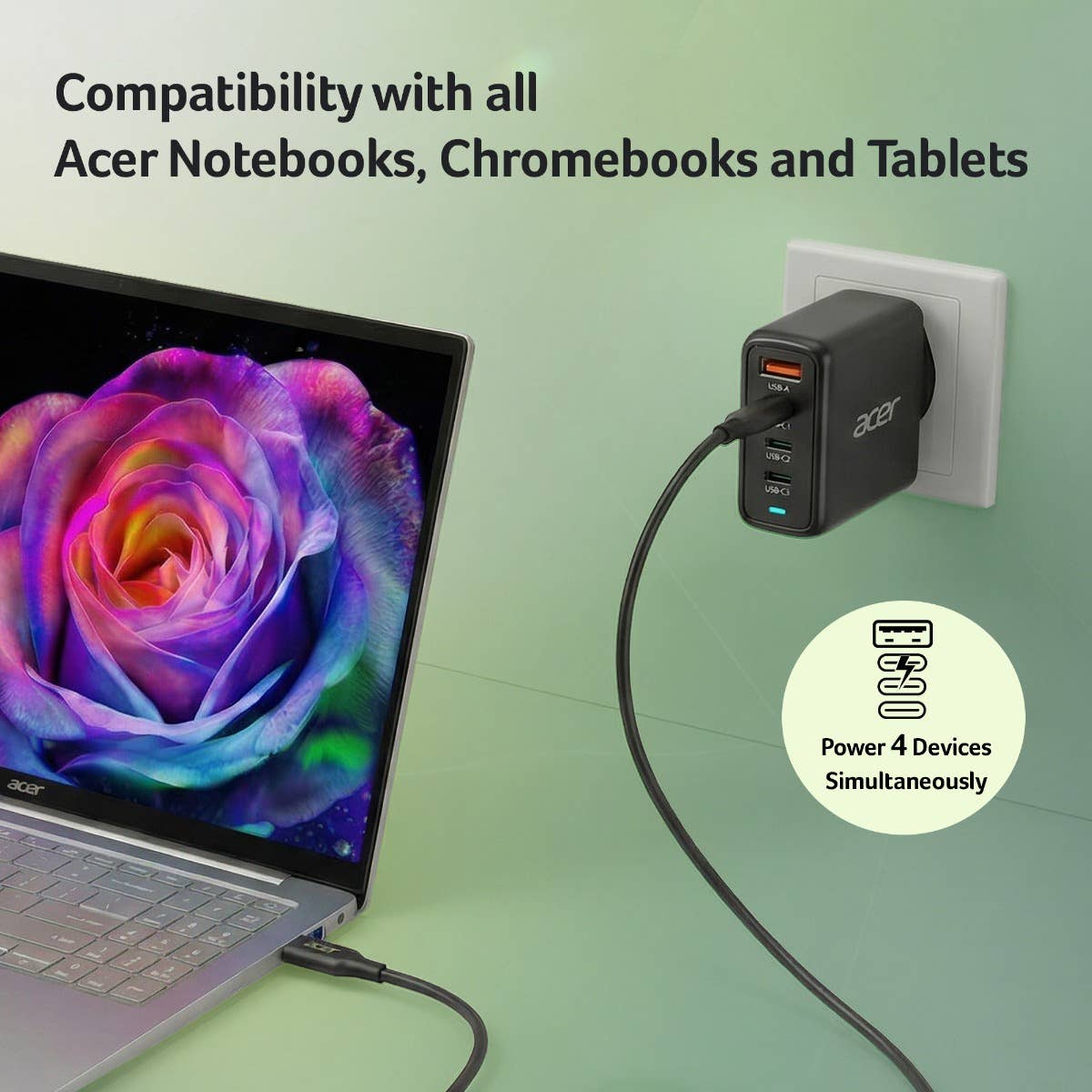 Acer 100W GaN PD Charger, USB Ports: 3C+1A, EU Plug 2